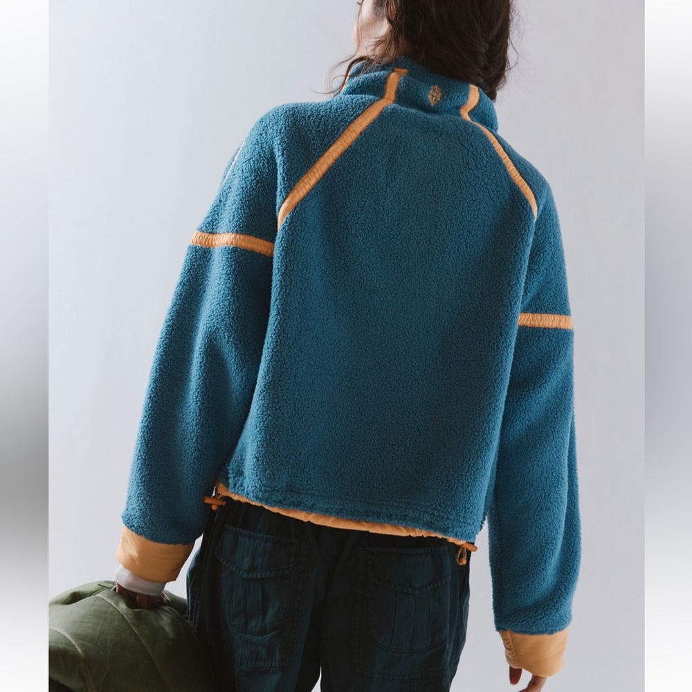 FP Movement by Free People Teal Sherpa Half-Zip Pullover with Peach Trim - Picture 3 of 6